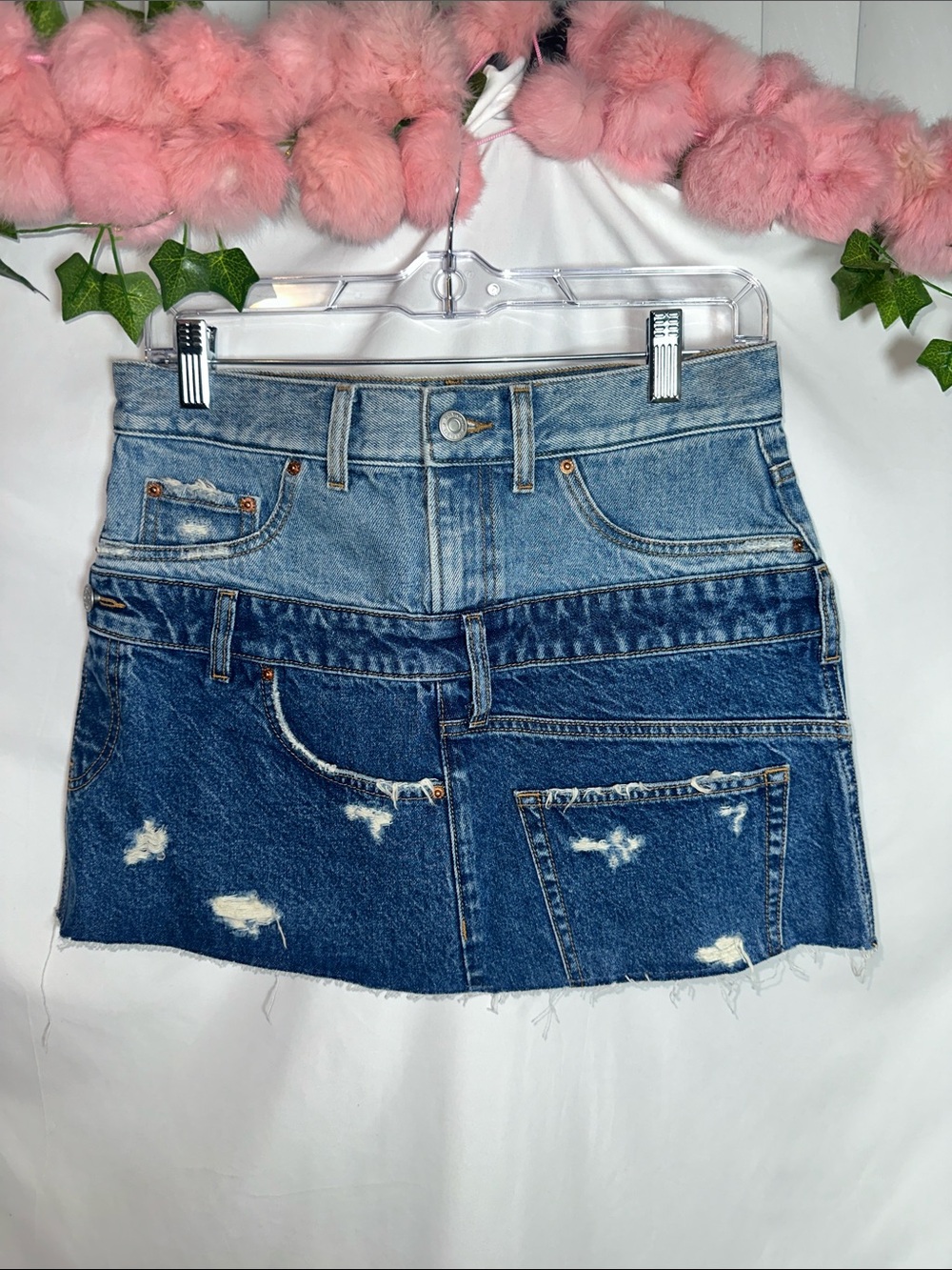 Two-Tone Distressed Denim Mini Skirt - Blue